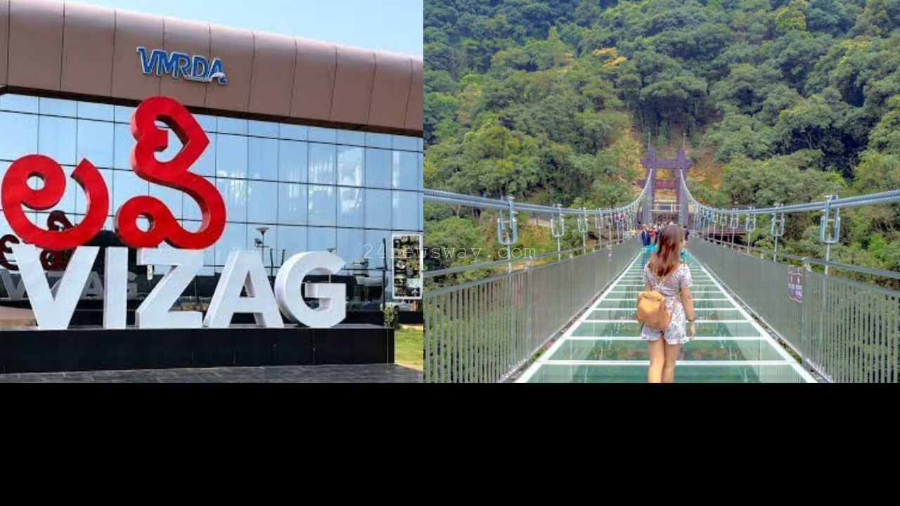 Kailasagiri Glass Skywalk Visakhapatnam aerial view Tourists walking on Kailasagiri Glass Bridge Vizag Longest cantilever glass bridge in India at Kailasagiri Scenic view from Kailasagiri Glass Skywalk Vizag Engineering marvel Kailasagiri Glass Skywalk Andhra Pradesh